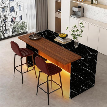 Montary 63-inch Modern Kitchen Island and Dining Table Set with 2 Swivel Stools, Marble-Look Countertop with LED Lights and Metal Grille Design, for Kitchen, Living Room,Black & Brown