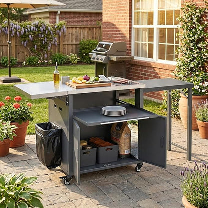 JIJIWANG 73.8" Outdoor Kitchen Island with Stainless Steel Top and Foldable Table, Kitchen Island with Trash and Spice Rack, BBQ Cart with Wheels for Backyard, Patio, Gray
