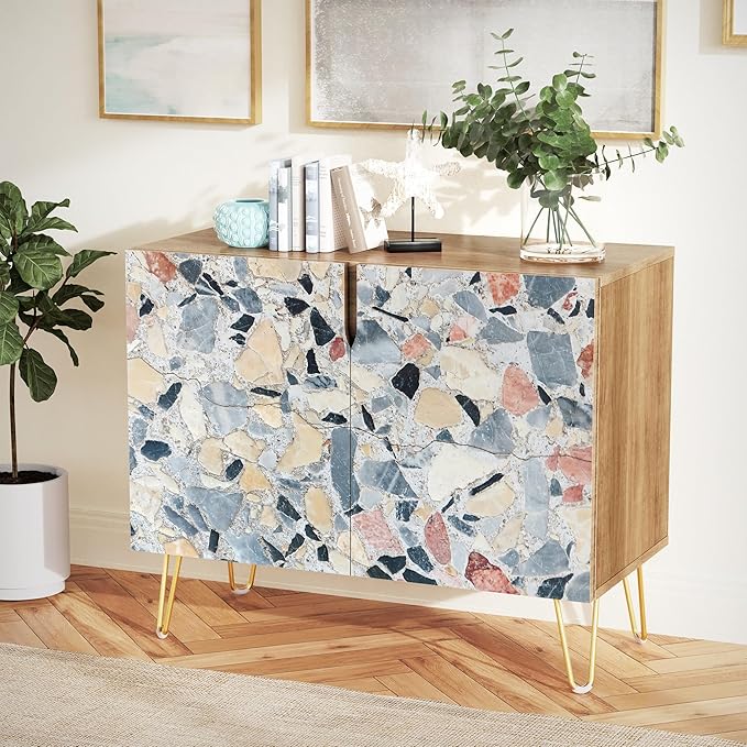 SIGNWIN Sideboard Buffet Cabinet, Kitchen Storage Cabinet with 2 Doors, Colorful Fractal Granite Pattern, Cupboard Console Table for Dining Room - 35" L x 18" W x 29" H