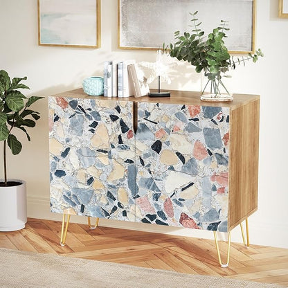 SIGNWIN Sideboard Buffet Cabinet, Kitchen Storage Cabinet with 2 Doors, Colorful Fractal Granite Pattern, Cupboard Console Table for Dining Room - 35" L x 18" W x 29" H