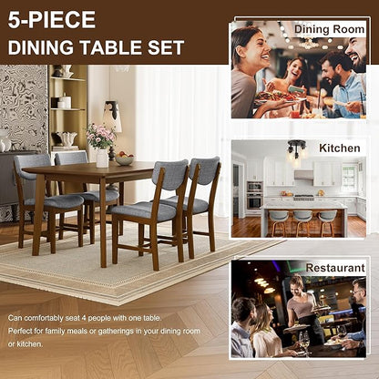 VilroCaz Rustic 5-Piece Dining Set, Solid Wood Rectangle Table with 4 Upholstered Chairs, Farmhouse-Style Dining Furniture for Kitchen & Dining Room, Minimalist Dining Set for 4 (Walnut-1.21)