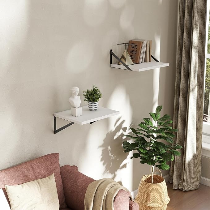 Acovy Deep Floating Shelves Wall Mounted, 16"x12" White Wall Shelves with Brackets Set of 2 for Bedroom, Living Room, Bathroom, Kitchen, Office - Storage & Display Shelf for Decor, Books, Plants