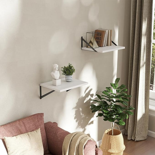Acovy Deep Floating Shelves Wall Mounted, 16"x12" White Wall Shelves with Brackets Set of 2 for Bedroom, Living Room, Bathroom, Kitchen, Office - Storage & Display Shelf for Decor, Books, Plants