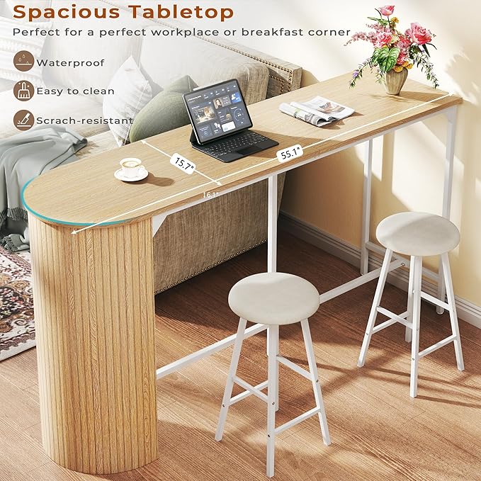 Fluted Bar Table and Chairs Set, 55'' Long Bar Tables with 2 Stools, 3 Piece Counter Height Dining Table for 2, Space Saving Kitchen Table for Bar, Dining Room, Kitchen, Breakfast Nook Corner, Natural