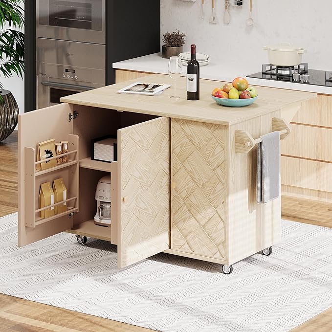 RUNNA 51.2" W Ash Veneer Solid Wood Handwoven Kitchen Island with Drop Leaf, Coastal Kitchen Island on Wheels with Internal Storage Rack, Rolling Kitchen Cart (Natural Wood#016)