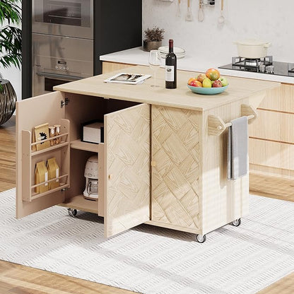 RUNNA 51.2" W Ash Veneer Solid Wood Handwoven Kitchen Island with Drop Leaf, Coastal Kitchen Island on Wheels with Internal Storage Rack, Rolling Kitchen Cart (Natural Wood#016)