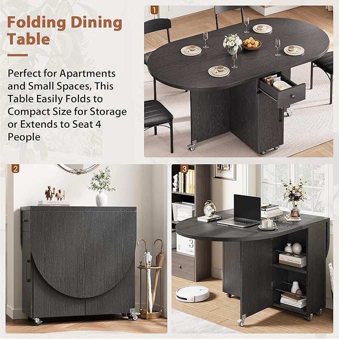 Jocoevol Round Folding Dining Table for 6, Space Saving Drop Leaf Kitchen Table with Storage Drawer, 6 Wheels Oval Gateleg Foldable Dining Table for Small Spaces (Black, 51" x 31.5" x 30")