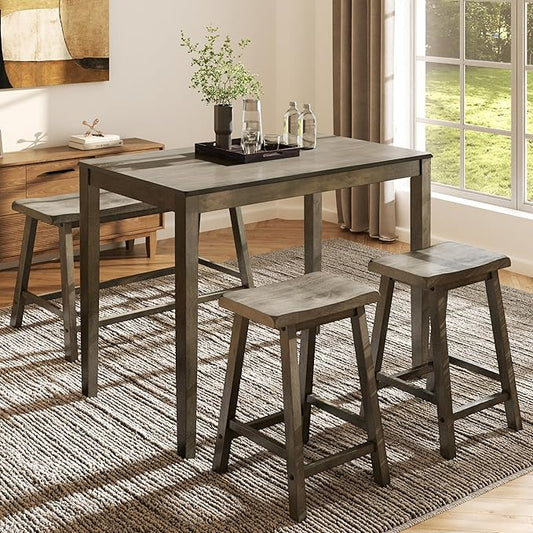 MFSTUDIO Dining Table Set for 4, Counter Height Table and Chairs, Kitchen Table Set with Bench, Breakfast Bar Table and Chairs Set Space Saving, Smoky Brown