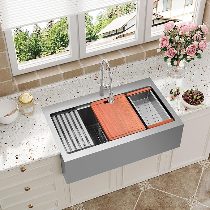 Farmhouse Kitchen Sink 33 x 22 Drop In, 50/50 Double Bowl Farm Sinks, 16 Gauge Stainless Steel Workstation Sink with Ledge & Accessories, 33" x 22" x 10" Large and Deep Double Sink