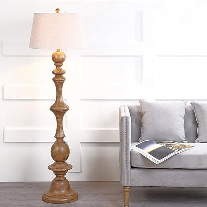 JONATHAN Y 67" Brown Spindled Resin LED Floor Lamp, Rustic Farmhouse Faux Bois Standing Lamp, Gray Linen Drum Shade for Living Room, Bedroom, LED Bulb Included, UL Listed JYL3000A