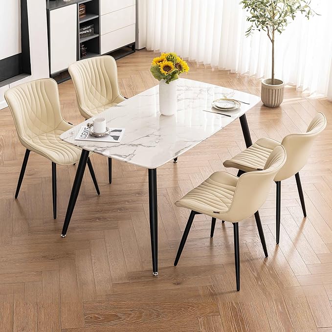 Kidol & Shellder Dining Chairs Set of 2, Mid Century Modern Kitchen Chairs with Black Metel Legs, PU Leather Upholstered Side Chair for Dining Room, Living Room, Lounge, Restaurant, Beige