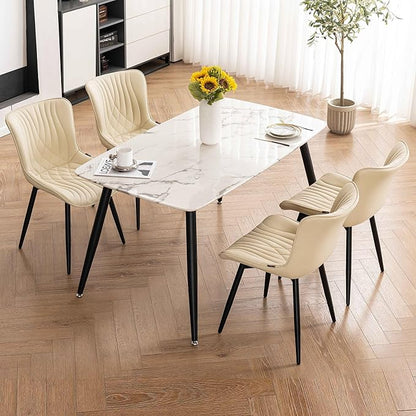 Kidol & Shellder Dining Chairs Set of 2, Mid Century Modern Kitchen Chairs with Black Metel Legs, PU Leather Upholstered Side Chair for Dining Room, Living Room, Lounge, Restaurant, Beige