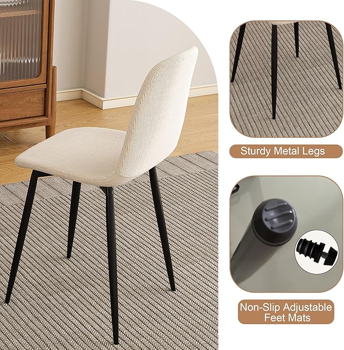 Knit Fabric Dining Chairs with Iron Legs - Restaurant Seating, Comfortable Upholstered Armless Side Chair for Kitchen, Beige (4 Chairs)