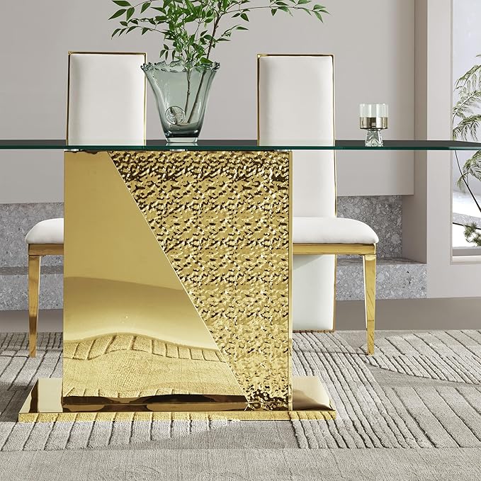 70" Rectangle Glass Dining Table for 6, Modern Luxury Kitchen Table with Black Tempered Glass Top, Gold Stainless Steel Mirrored Base with Carved Details