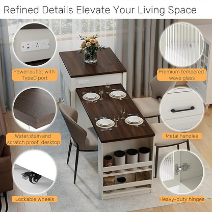 Kitchen Islands with Extendable Dining Table, 83.1" Mobile Kitchen Storage Islands, for 2-6 Person, with Tempered Glass Doors, Woodgrain Dining Table,Power Outlet,Bar, with Slide Out Table