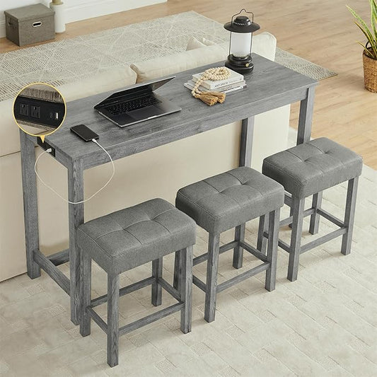 Merax 59" Bar Table Set with Power Outlet,Industrial Breakfast Table with 3 Upholstered Stools w/Footrest,4 Piece Counter Height Bar Table and Chair Set for Living Room,Dining Room,Kitchen,Grey