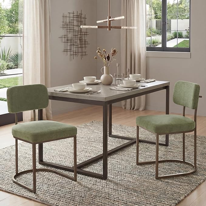 KISLOT Dining Chairs Set of 2, Upholstered Modern Kitchen Chairs with Ergonomic Backrest, Fabric Cushion & Wire Drawing Curve Metal Legs for Living Room, Restaurant, and Café, Green