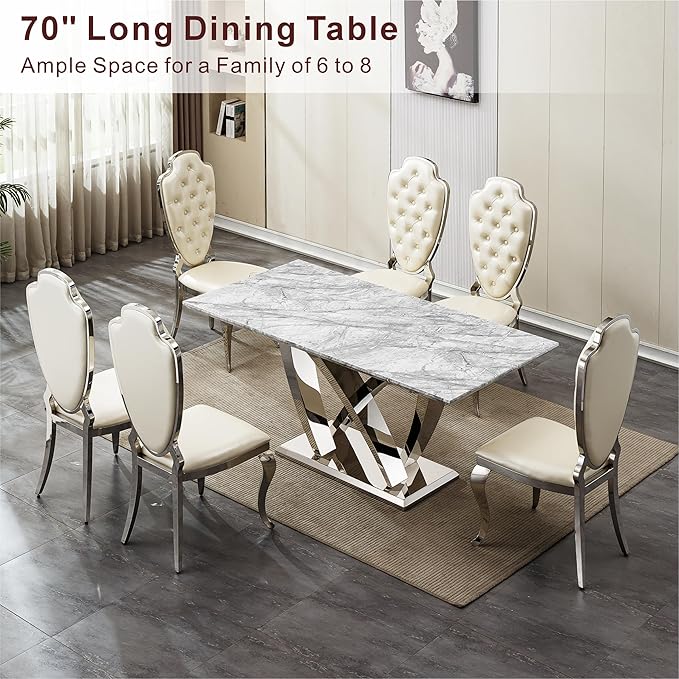 70" Faux Marble Dining Table for 6-8 People, Modern Rectangular Kitchen Table with Gold Mirror Finish Stainless Steel Base, Large Dining Room Table (Silver + Grey, Type2 + 70" Rectangle)