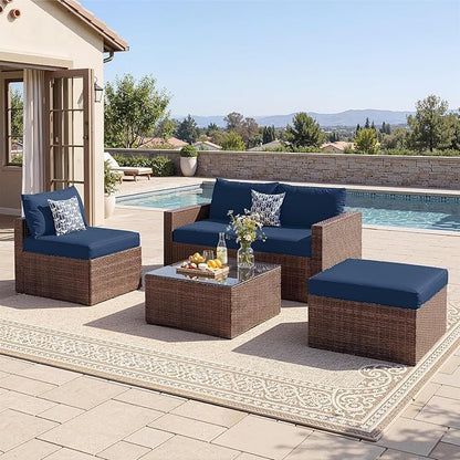 UDPATIO 5 Piece Patio Furniture Set, All-Weather Wicker Outdoor Sectional Sofa,Rattan L Shaped Outdoor Conversation Patio Sectional with Ottoman, Glass Table for Balcony Porch Backyard,Navy Blue