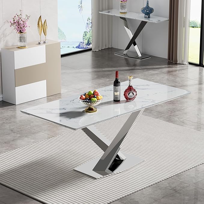70 in Faux Marble Dining Table for 4 6 8, Modern White Silver Kitchen & Dining Room Table with X-Shape Stainless Steel Pedestal, Luxury Rectangular Large Dinner Table for Kitchen Home