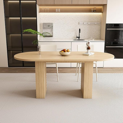 63" Water-Resistant Island Table, Rustic Dining Table with Wood Strip Base, Mid Century Dining Table with Spacious Oval Design for Home, Burly Wood