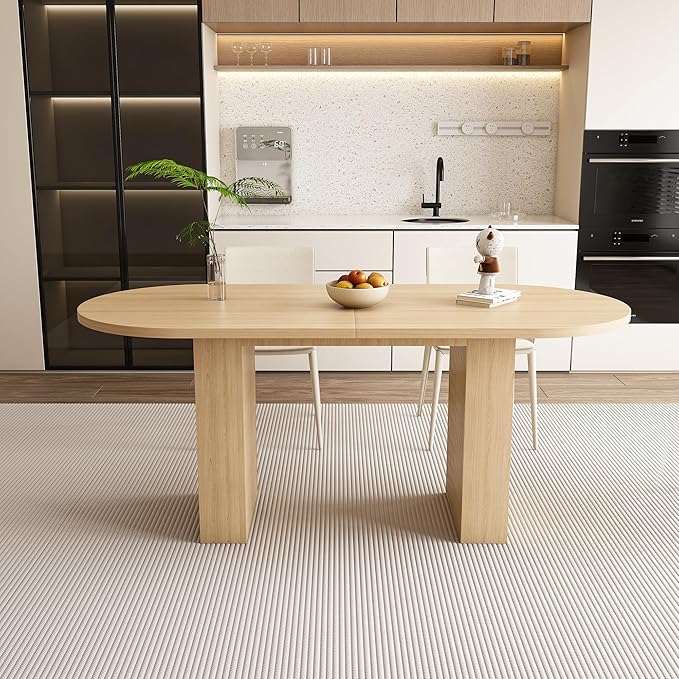 63" Water-Resistant Island Table, Rustic Dining Table with Wood Strip Base, Mid Century Dining Tables with Spacious Oval Design for Living Space, Burly Wood