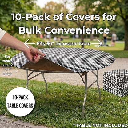 Kwik-Covers 10 Pack of Round Plastic Table Covers - 60" or 72" Round - Indoor or Outdoor Fitted Covers (Tables NOT Included) (Black & White Check, 60" Round)