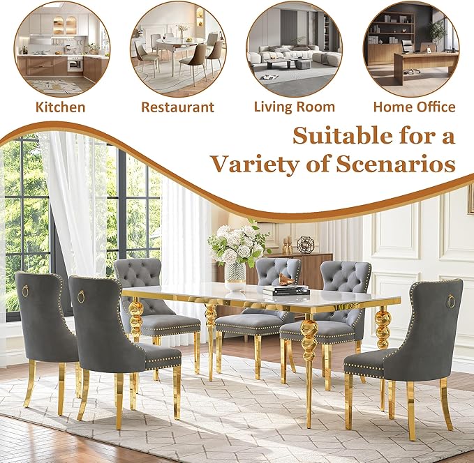 7 Piece Glass Dining Table Set, Modern 70 Inch Gold Rectangular Glass Kitchen Table, 6 Gray Exquisite Velvet Cushion Chairs for Living Room, Restaurant (White-Top)