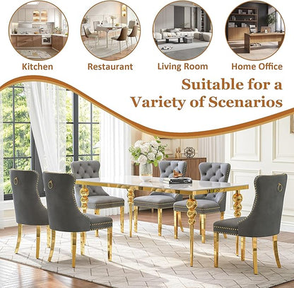 7 Piece Glass Dining Table Set, Modern 70 Inch Gold Rectangular Glass Kitchen Table, 6 Gray Exquisite Velvet Cushion Chairs for Living Room, Restaurant (White-Top)