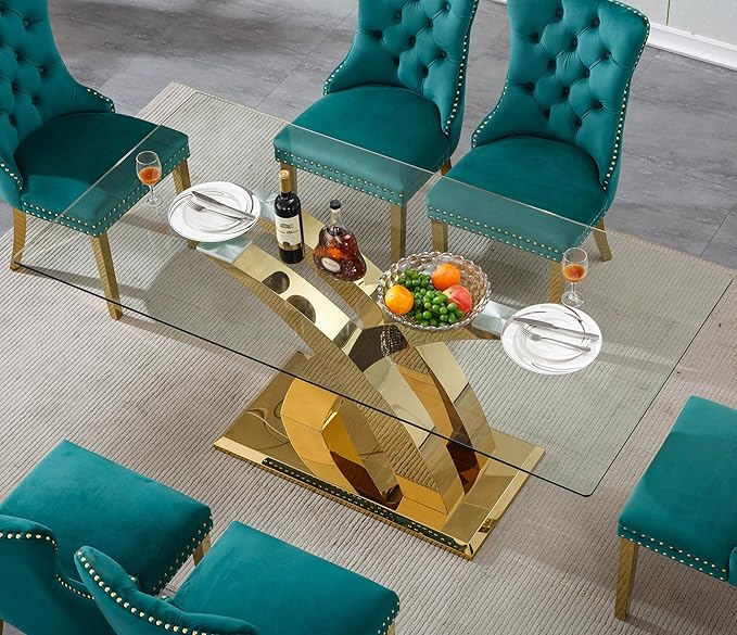 Luxury Gold Glass Dining Table for 6-8 Modern 70" Rectangular Kitchen Table with Stainless Steel Base Large Clear Glass Top Dining Room Tables for Home Office