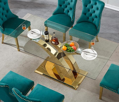Luxury Gold Glass Dining Table for 6-8 Modern 70" Rectangular Kitchen Table with Stainless Steel Base Large Clear Glass Top Dining Room Tables for Home Office