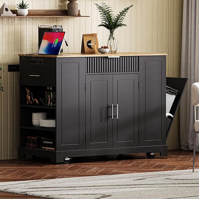 Merax Fluted Kitchen Island with Trash Can Storage Cabinet, Power Outlet, Internal Storage Rack, Rolling Kitchen Storage Cart on 5 Wheels with 3 Drawer, 3 Open Side Racks, Black