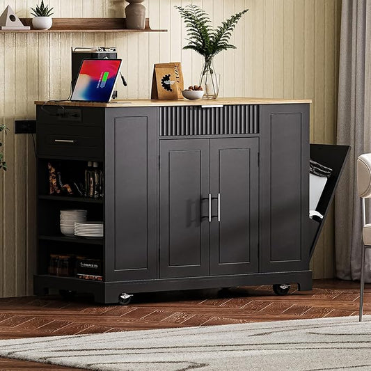 Merax Fluted Kitchen Island with Trash Can Storage Cabinet, Power Outlet, Internal Storage Rack, Rolling Kitchen Storage Cart on 5 Wheels with 3 Drawer, 3 Open Side Racks, Black