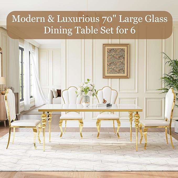 Luxurious 7 Piece Dining Table Set, 70 Inch White Glass Kitchen Table and 6 White Petal Back Chairs with Gold Stainless Steel Legs, for Dining Room, Living Room, Restaurant