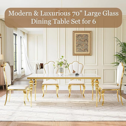 Luxurious 7 Piece Dining Table Set, 70 Inch White Glass Kitchen Table and 6 White Petal Back Chairs with Gold Stainless Steel Legs, for Dining Room, Living Room, Restaurant