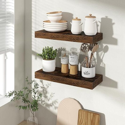 Acovy 16 Inch Floating Shelves for Wall 2 Pack, 16" Wall Shelves for Books, Storage, Decor, Wall Mounted Floating Shelf with Invisible Brackets for Kitchen, Living Room, Brown