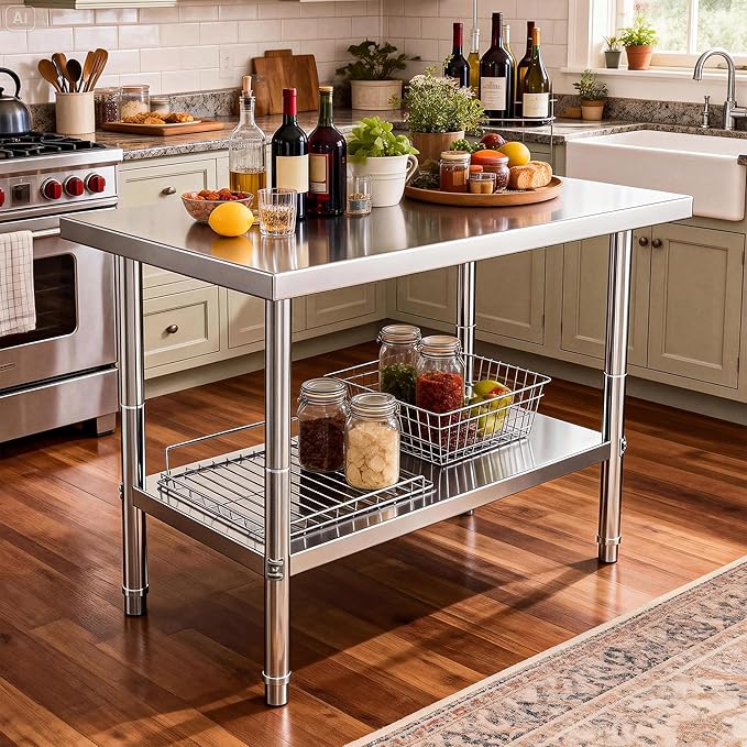 DWVO 48x24in Stainless Steel Table, NSF Metal Prep Worktable with Adjustable Shelf for Kitchen Restaurant Hotel Garage Warehouse Home