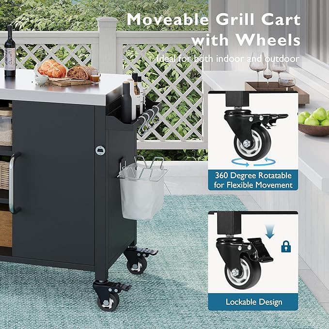 Modern Dining Table 54.5in Outdoor Kitchen Island with Stainless Steel Tabletop, Expandable Cabinet, Spice Rack, Towel Rack, Counter, Wood Console,Black-Metal
