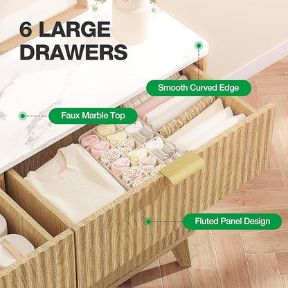 Pamapic 47" Sideboard Buffet Cabinet with Storage, Fluted Storage Cabinet with 6 Drawers, Modern Credenza with Faux Marble Top, Wood Buffet Console Table for Living Room, Hallway, Natural