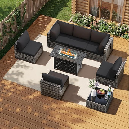 Patio Furniture Set 7 Pieces Conversation Set Wicker Outdoor Sectional Sofa,Ergonomic Armrests Couch with Cushion and Glass Table (White-Black, 8 Piece-Fire Table)