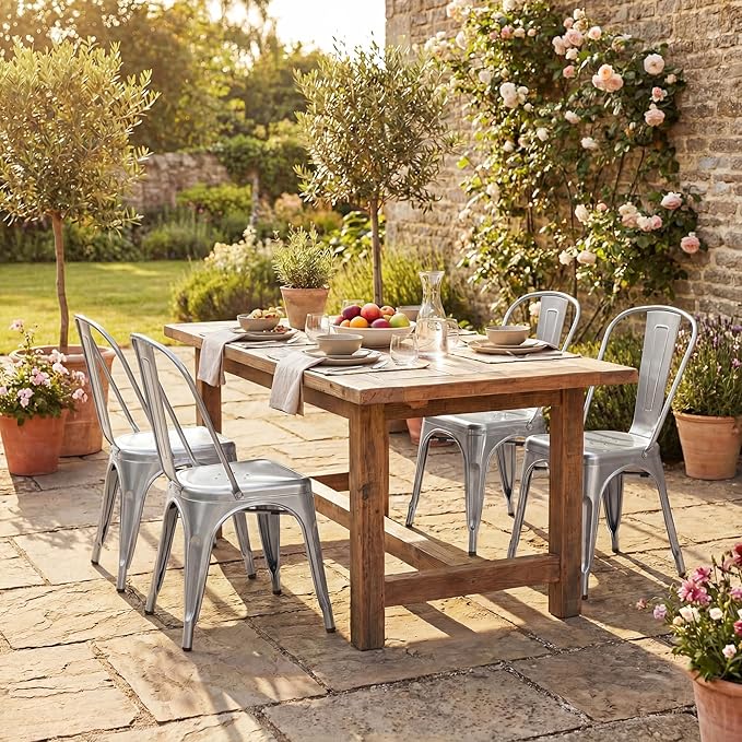 Shahoo Metal Dining Chairs Classic Iron Stackable Industrial Vintage Trattoria with Back, Indoor-Outdoor Side Settee for Home Bistro Cafe Kitchen Restaurant Set of 4, Sliver