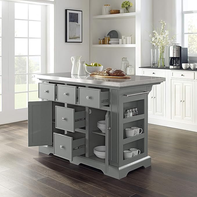 Crosley Furniture Julia Stainless Steel Top Kitchen Island with Storage Drawers, Shelves, and Spice Rack, Gray