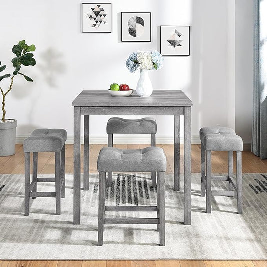 KEIKI 5 Piece Industrial Dining Table Set with 4 Upholstered Bar Stools, Counter Height Kitchen Table and Chairs Set, Space-Saving Breakfast Table Set for Dining Room, Living Room, Apartment, Gray