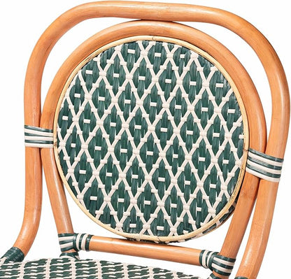Bali & pari Mattie Rattan Bistro Counter Stool - Handwoven Accent Seating with Backrest for Kitchen Island or Indoor/Outdoor Lounge, Dark Teal Green & White