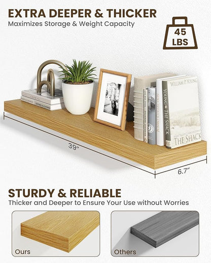 Marsmiles 40" Floating Shelves for Wall, Wooden Shelves with Invisible Brackets Set of 2, Rustic Farmhouse Wall Mounted Shelf for Kitchen Bathroom Living Room Study, Natural Oak