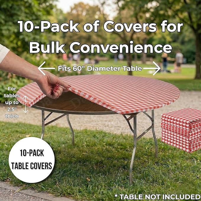 Kwik-Covers 10 Pack of Round Plastic Table Covers - 60" or 72" Round - Indoor or Outdoor Fitted Covers (Tables NOT Included) (Red Gingham, 60" Round)