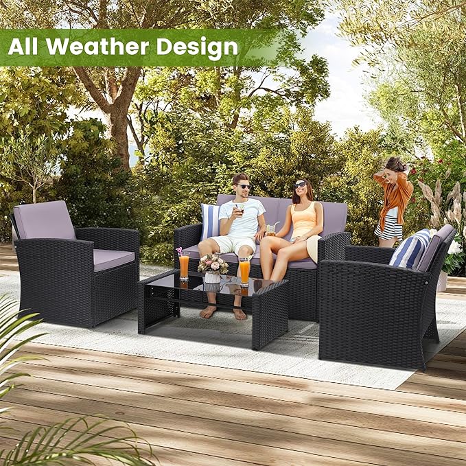 KROFEM 4-Piece Patio Furniture Set, Wicker Outdoor Rattan Sectional Sofa with Cushions and Glass Table, All-Weather Outdoor Conversation Set, Ideal for Garden, Porch, Backyard, Grey