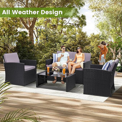 KROFEM 4-Piece Patio Furniture Set, Wicker Outdoor Rattan Sectional Sofa with Cushions and Glass Table, All-Weather Outdoor Conversation Set, Ideal for Garden, Porch, Backyard, Grey