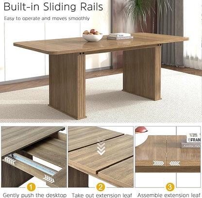 Modern Farmhouse Expandable Dining Table for 8-10 People, 78.74" Extendable Dining Table with Wood Strip Base, Large Rectangular Expandable Kitchen Dining Room Table for Dinner Party, Gathering, Brown