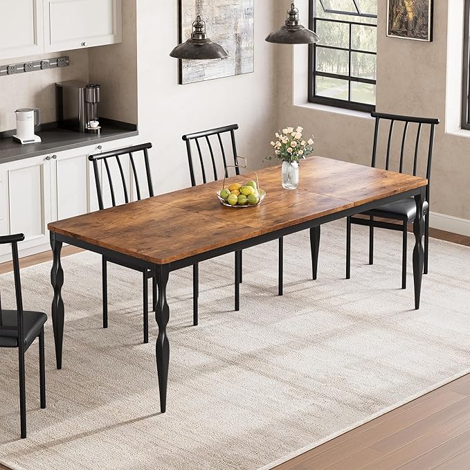 78" Modern Dining Table with Heavy-Duty Metal Legs, Farmhouse Kitchen Table for 6-8 Family, Rustic Brown Wood Top with Spindle Design for Dining Room, Home Office, Apartment